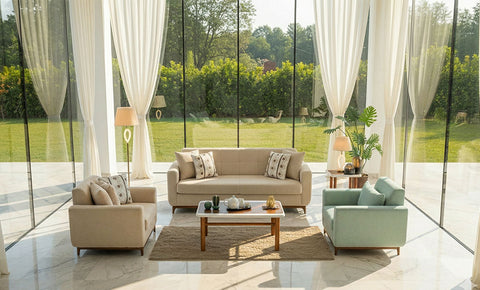 طقم كنب فيت مودرن 3+2+1 لغرفة المعيشة – بيج ومينت